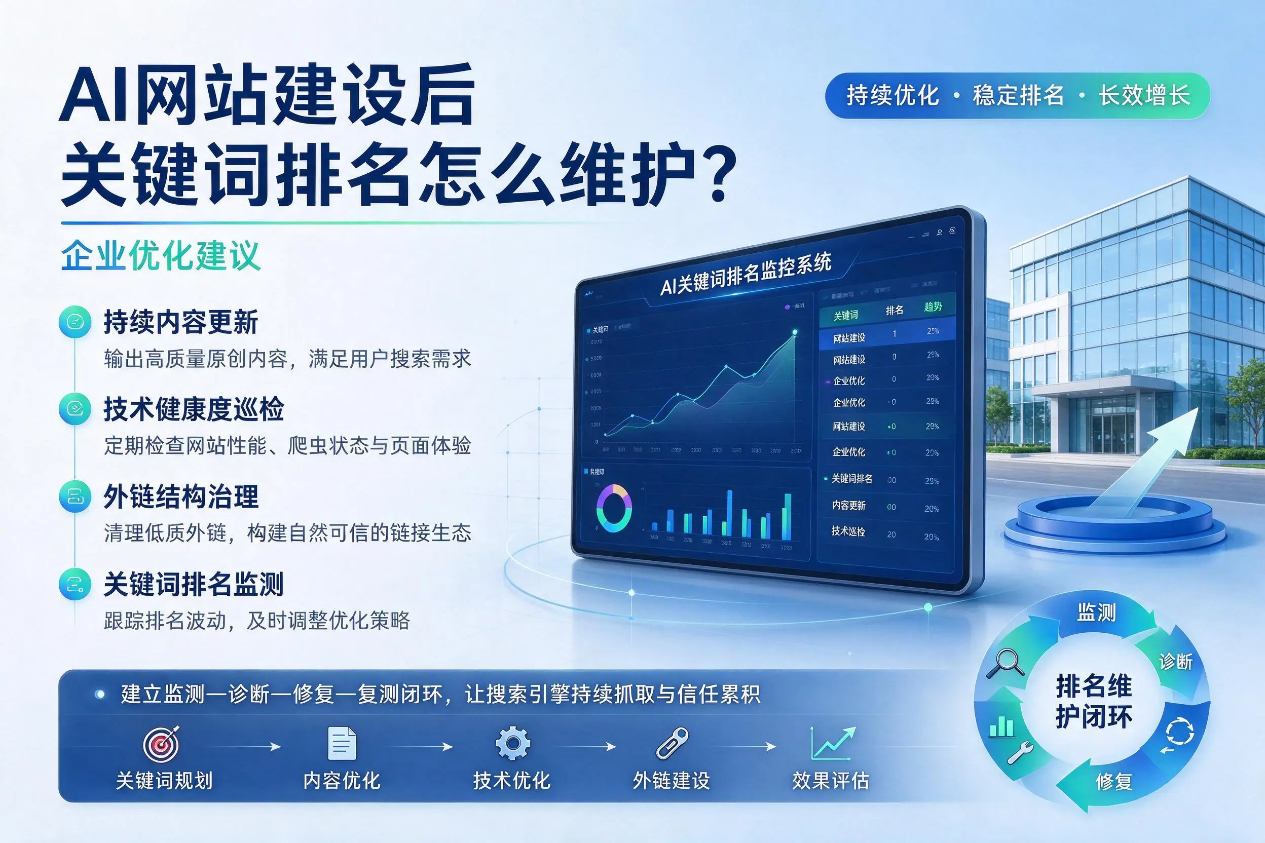 AI网站建设后关键词排名怎么维护?广安企业优化建议