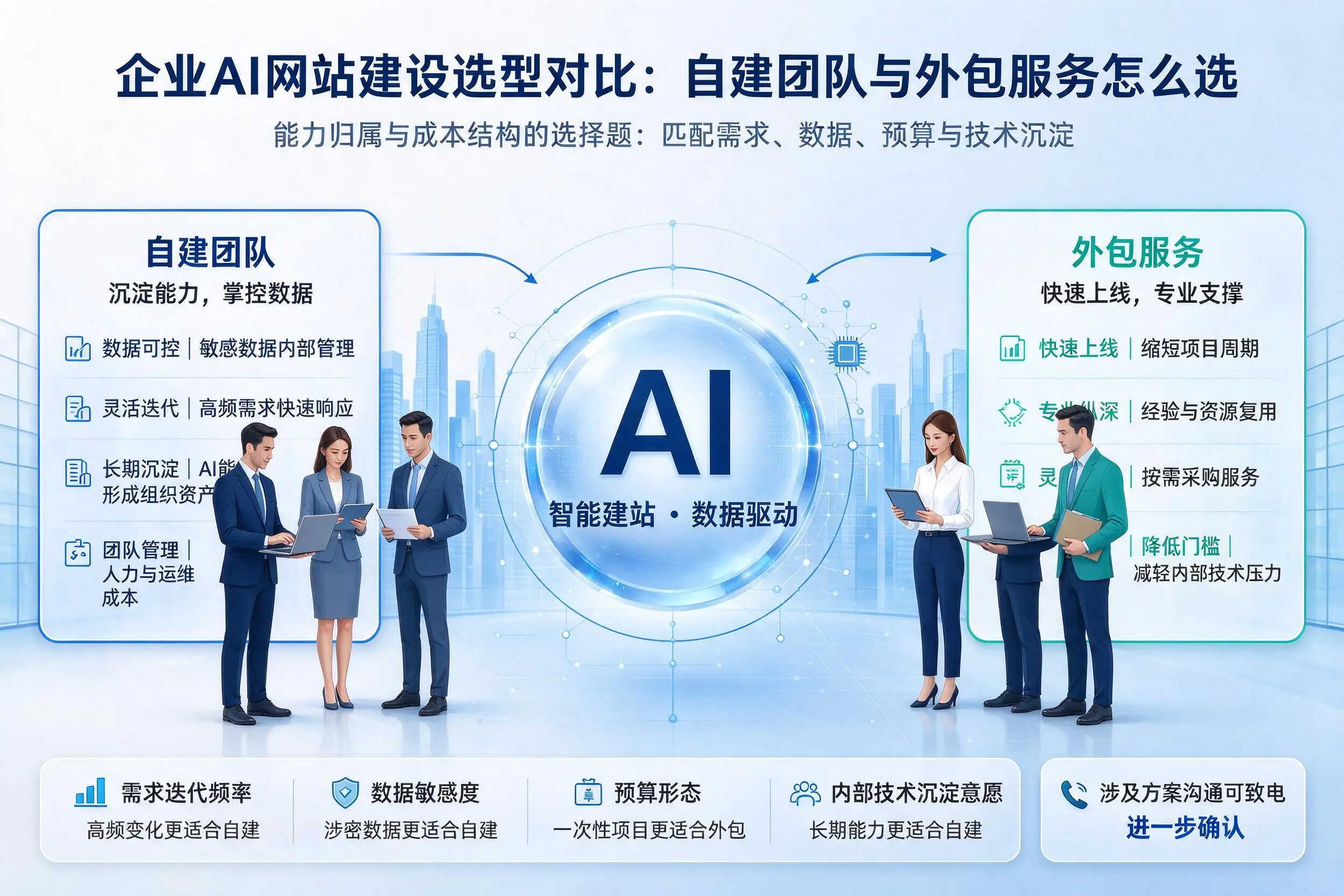 广安企业AI网站建设选型对比:自建团队与外包服务怎么选
